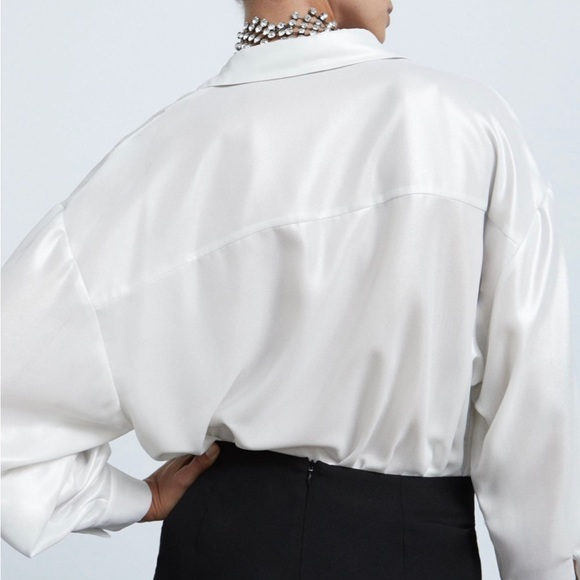NWT / S/ ZARA Flowy Oversized Shimmer White  Pearl blouse button down shirt - Picture 14 of 16